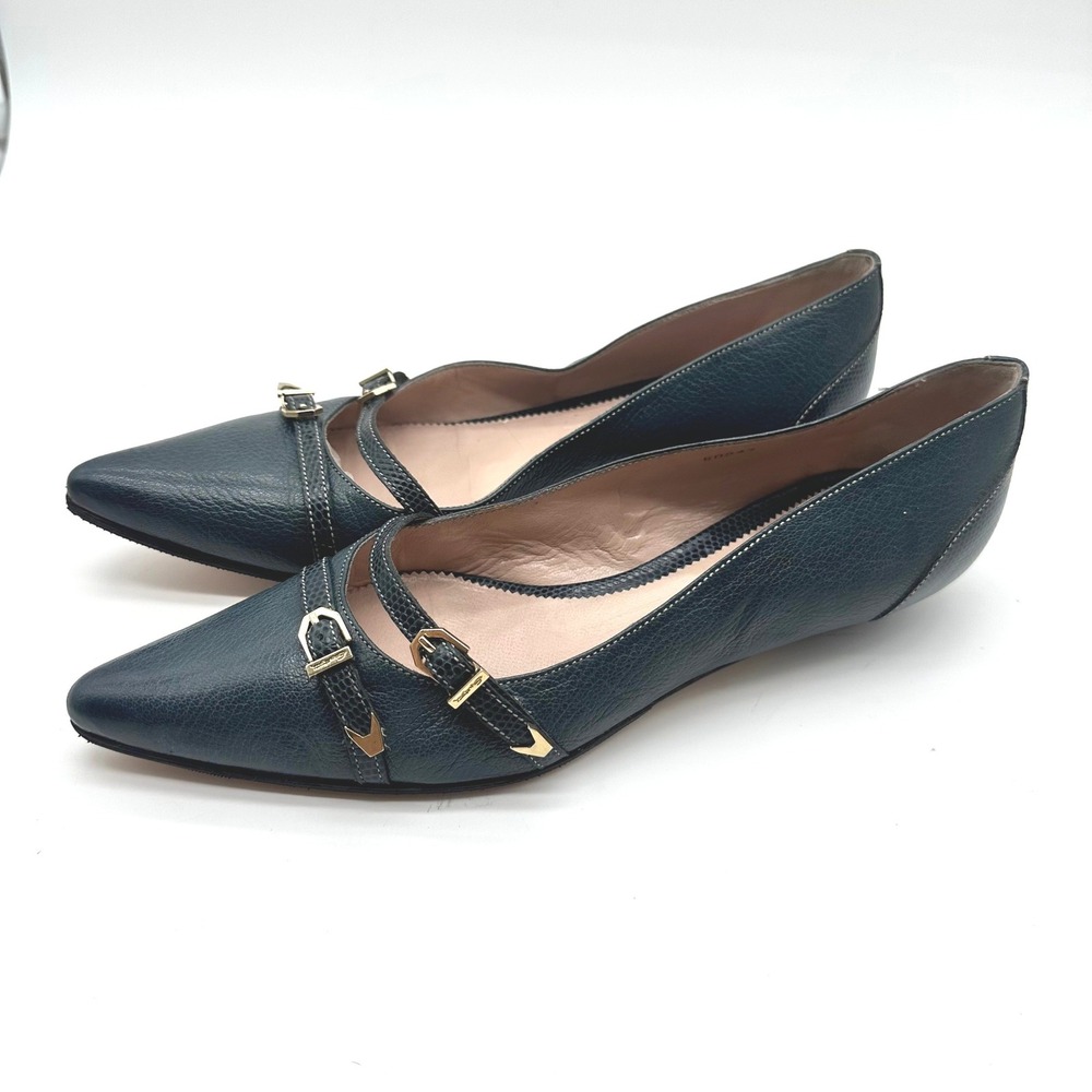 Vintage Santoni Italy Double Buckle Pointed Flats Teal Blue Pebble Leather 7.5 - Picture 10 of 10